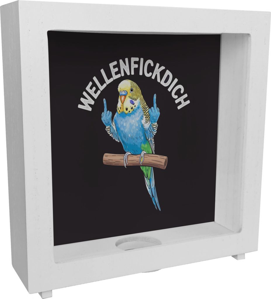 Wellensittich mit Mittelfinger Rahmen Spardose aus Holz WELLENFICKDICH