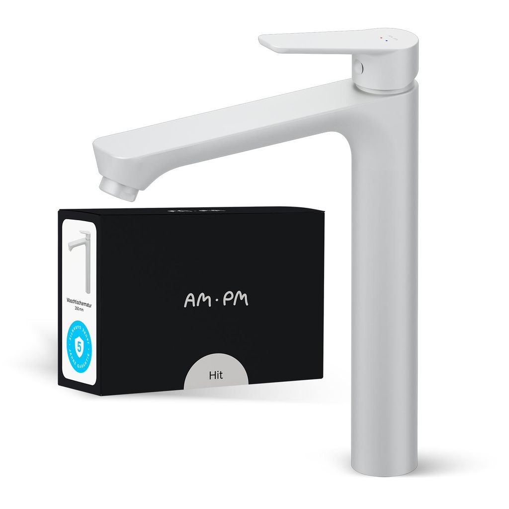 AM.PM Waschtischarmatur Hoch Weiss Wasserhahn Bad Waschbecken Armatur Einhebelmischer Badarmatur Mischbatterie für Badezimmer Aufsatzwaschbecken