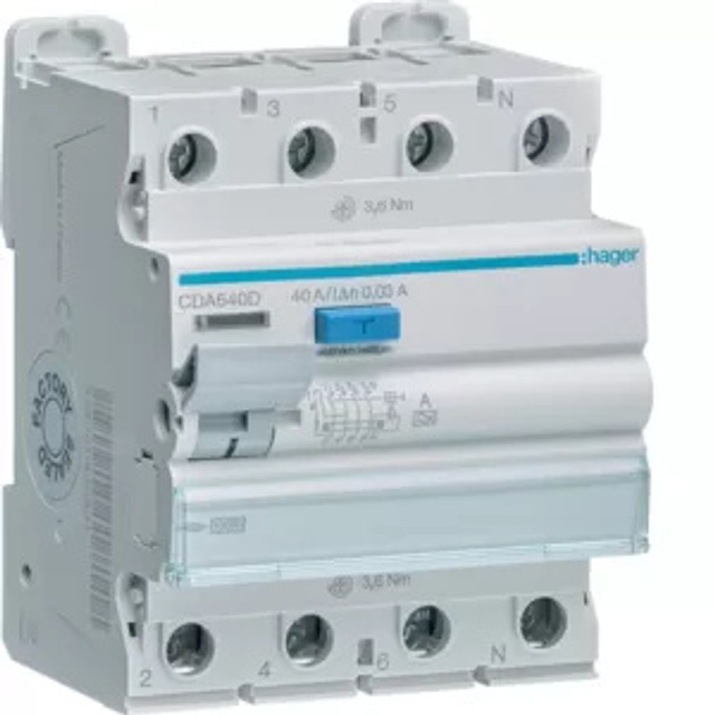 HAGER CDA640D FI-Schutzschalter 4P 10kA 40A 30mA TypA Produktbild 