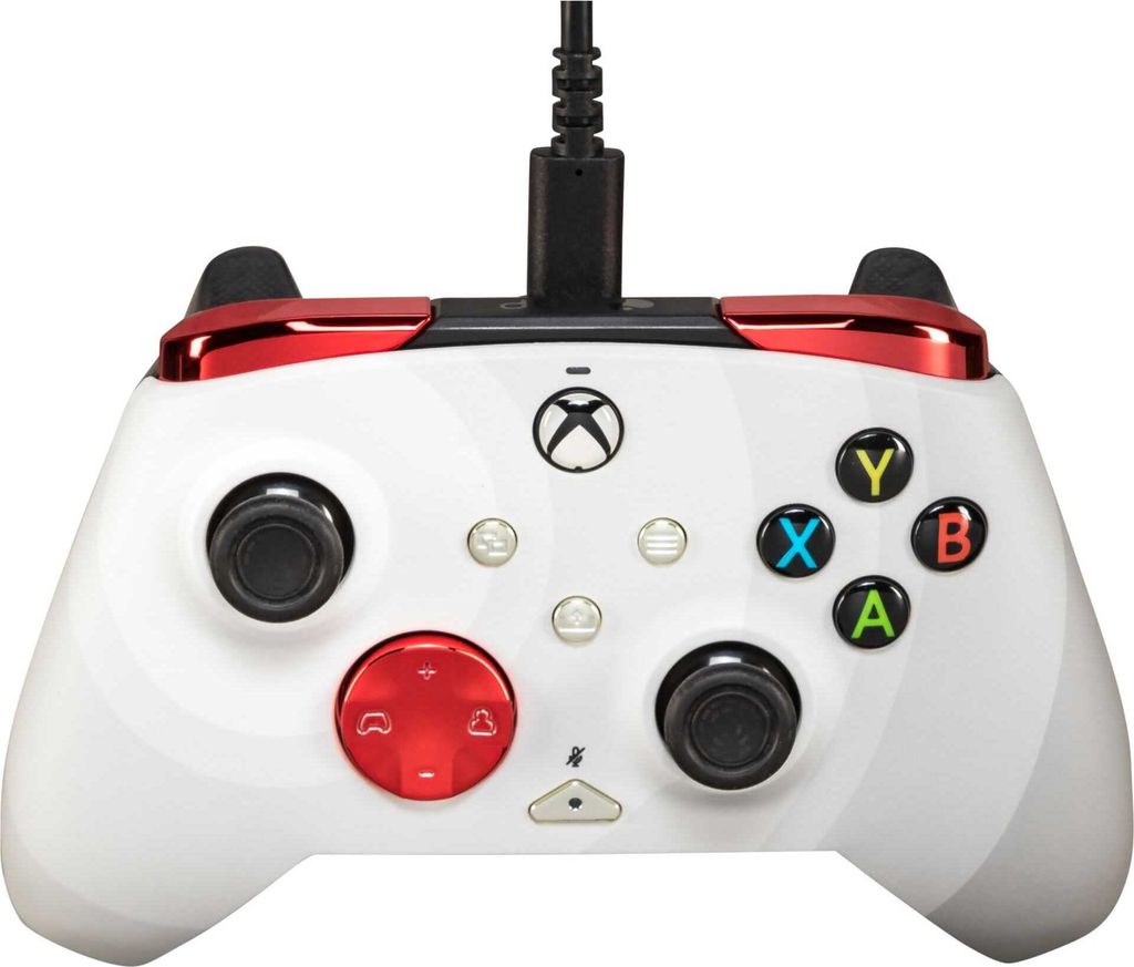 A white and red Xbox controller with a black cable attached.