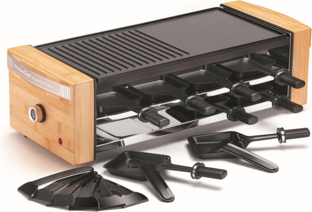 Raclette 1200 W – Antihaft-Aluminiumplatte – 8 Pfännchen + 8 Spatel – Einstellbarer Thermostat – Bambuskorpus – Schwarz/Natur – Kitch