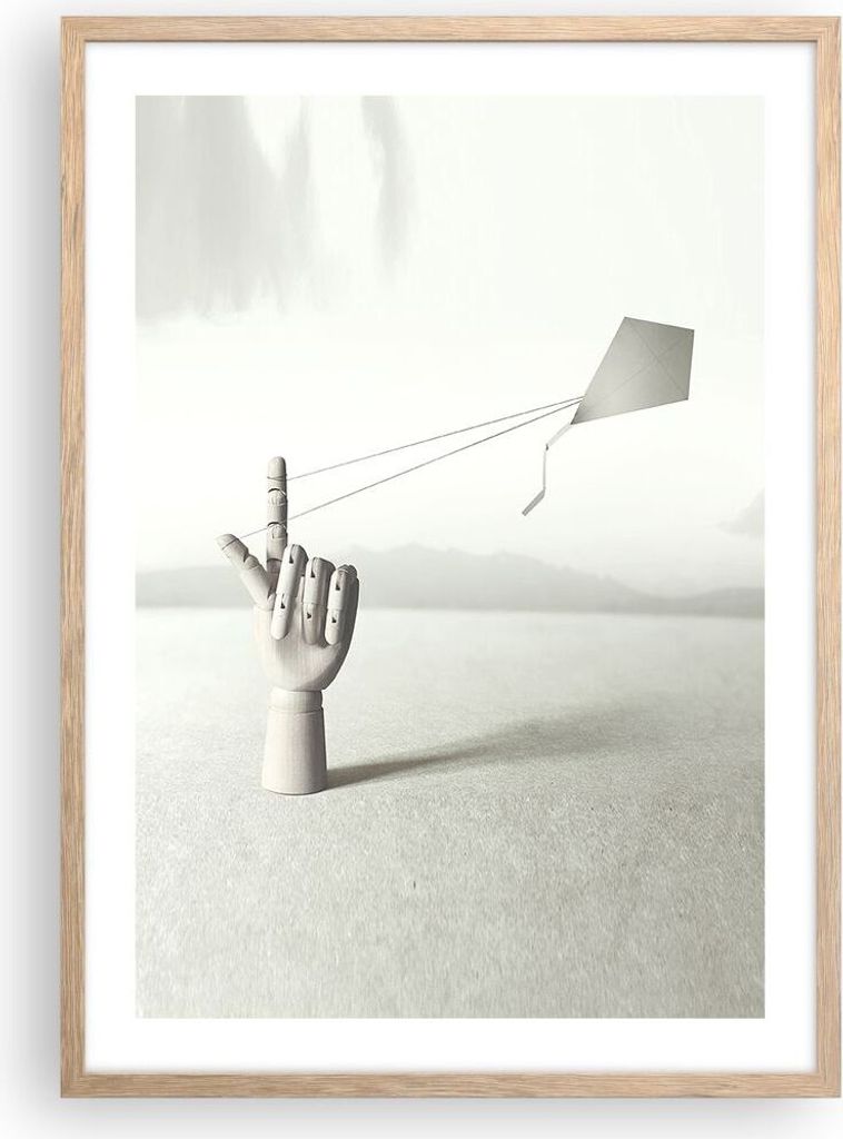 Gerahmtes Poster - Rahmen in heller Eiche - Modern Hand Drachen - 50x70 cm - Wand Bild - Wanddeko - Wandbilder - Kunstposter - Wandposter - Bilderr...