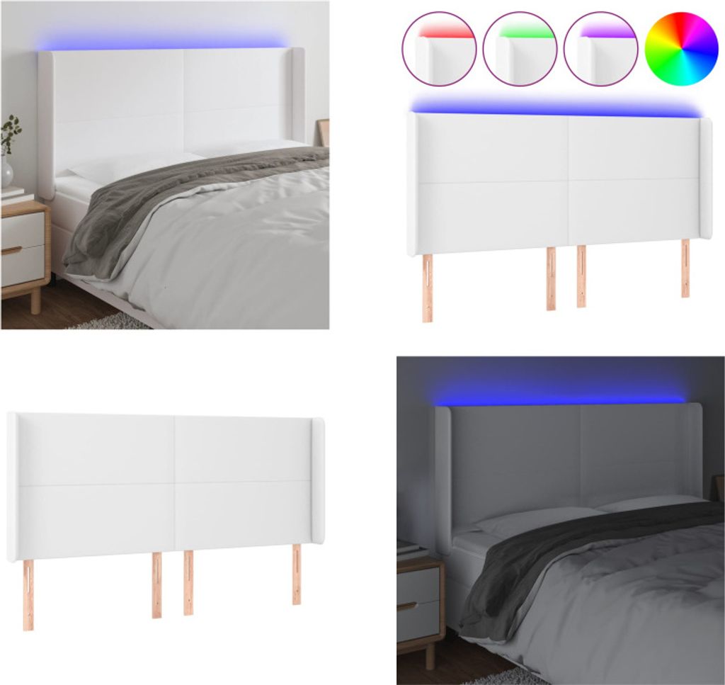 vidaXL LED Kopfteil Weiß 183x16x118/128 cm Kunstleder - LED Kopfteil - LED Kopfteile - Kopfteil - Bett-Kopfteil