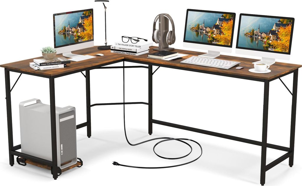 L-förmiger PC-Tisch, Computertisch mit CPU-Ständer, Steckdosen, USB-Anschlüssen, stabilem Metallrahmen & platzsparendem Design, Braun