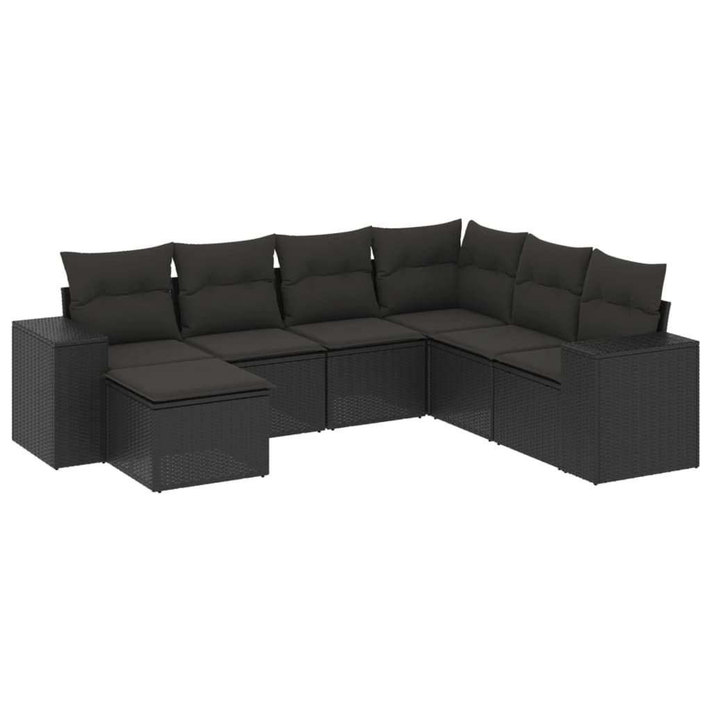 Gartenmöbel-Set, 7-tlg. Lounge-Sofa für Terrasse & Balkon, Schwarz Poly Rattan, UV-beständig, mit abnehmbaren & waschbaren Kissen