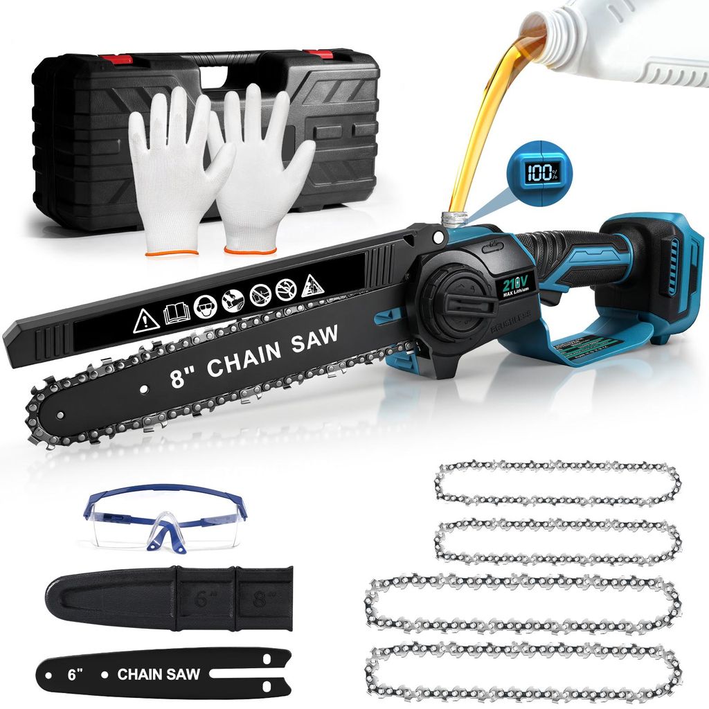 AKKU Mini-Kettensäge 6+8 Zoll, 28000 RPM 900W, Bürstenloser Elektrokettensägen, automatische Kettenspannung & Schmierung, Handkettensäge Einhan...