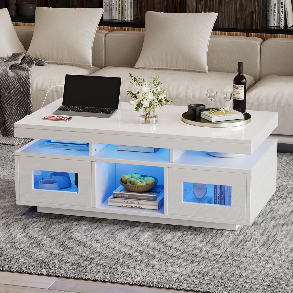 Tavolino Merax bianco lucido, 100x50x43cm, tavolino LED con Immagine del prodotto 