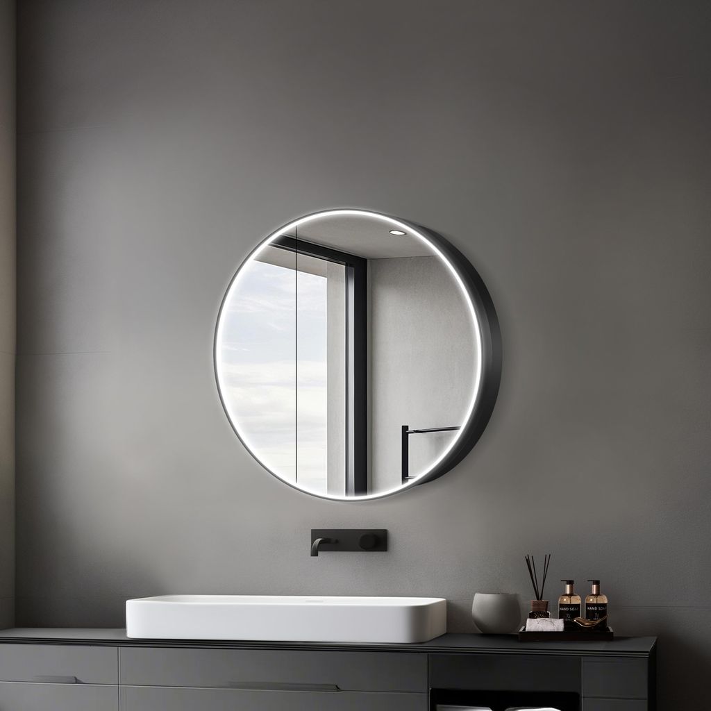 Spiegelschrank mit Beleuchtung Talos Black Nova Ø80 cm schwarz - Spiegelschrank Bad mit 2 Ablageflächen - Aluminium - Rückwand verspiegelt