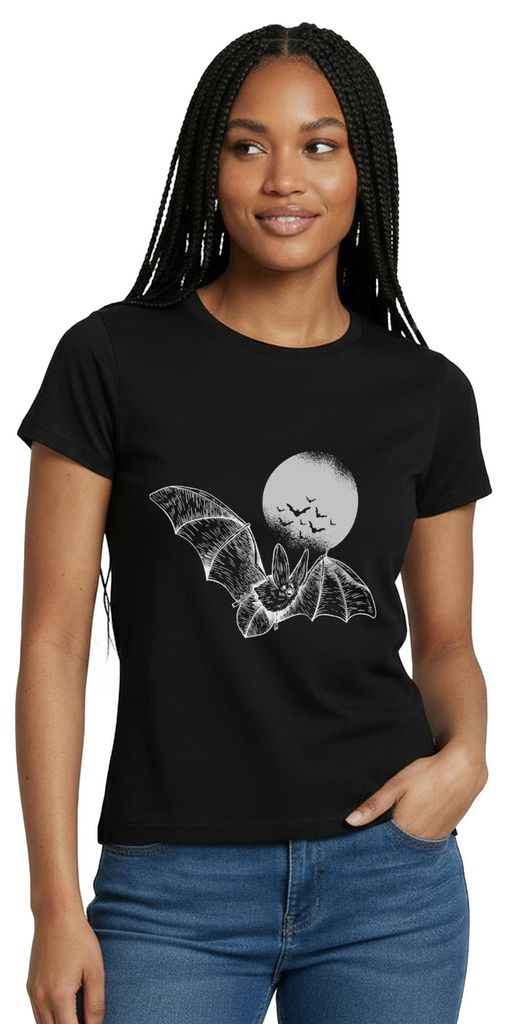 Spreadshirt Halloween Fledermaus Mit Vollmond Gruselig Frauen T-Shirt, XXL, Schwarz