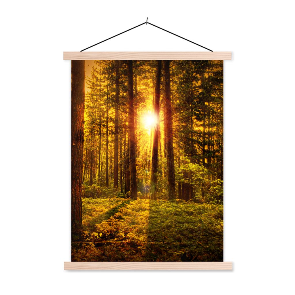 MuchoWow Textilposter Wald - Sonne - Bäume - Natur - Sonnenuntergang 120x160 cm mit holzfarbenen Rahmen - Plakatkarton