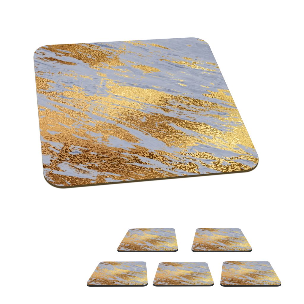 KitchenYeah Glasuntersetzer Quadratisch 6er Set Marmor - Muster - Gold - Blau 10x10 cm Untersetzer für Gläser - Getränkeuntersetzer - Tischpla...