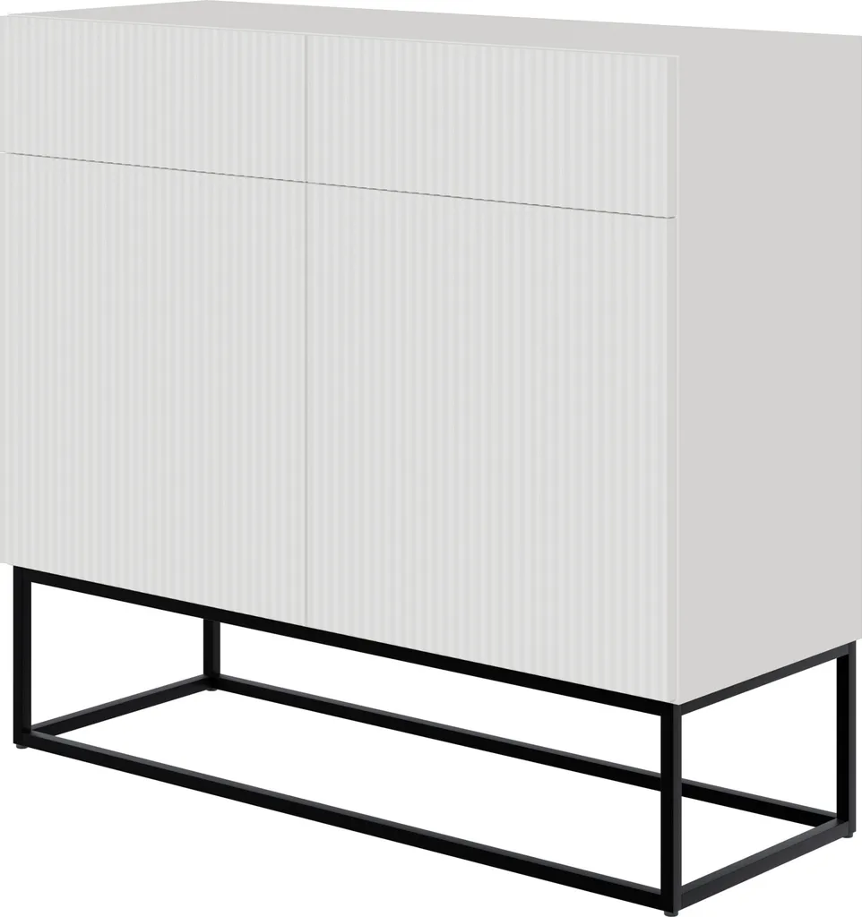 Buffet de Salon Blanc 100 cm Veldio avec Tiroirs et Pieds en Métal Noir