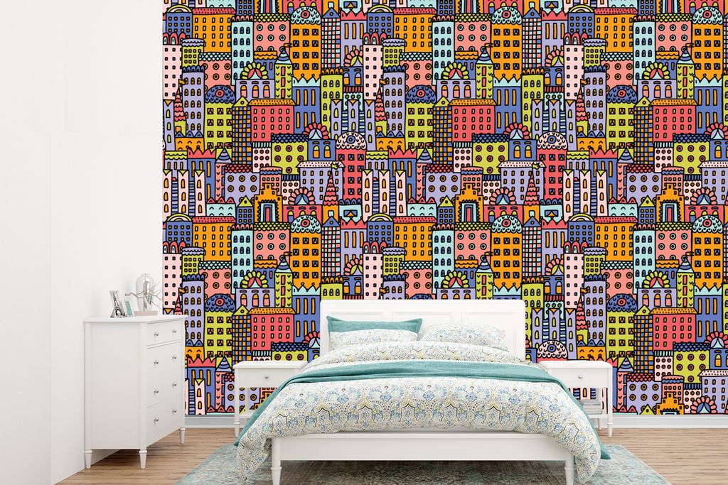 MuchoWow Fototapete für Wohnzimmer oder Schlafzimmer Wandtapete Vinyl Motivtapete Haus - Regenbogen - Muster - 330x240 cm - Vinyltapete
