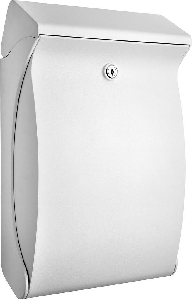 A white mailbox with a curved design is shown against a white background.