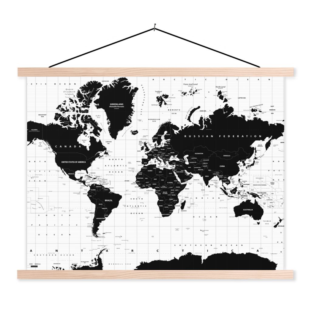 MuchoWow Textilposter Weltkarte - Schwarz - Weiß - Atlas - Erde - Bildung 60x45 cm mit holzfarbenen Rahmen - Bild