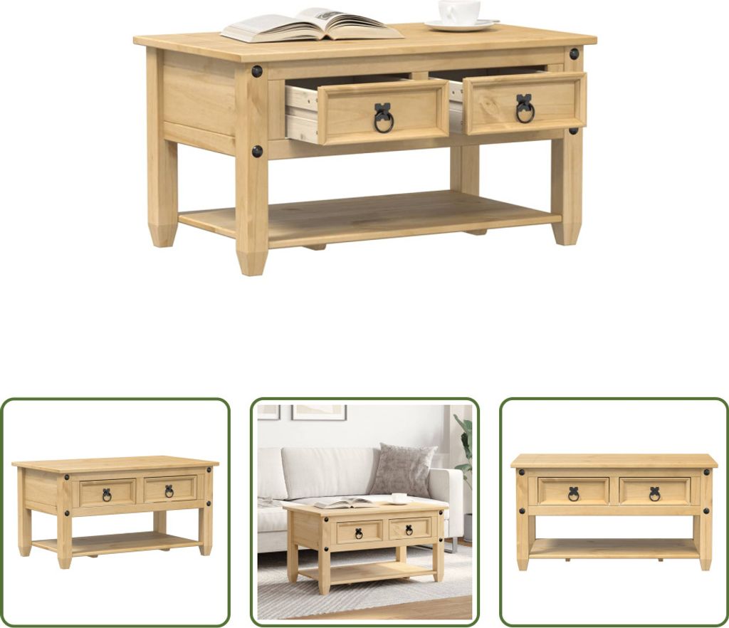 A collage of images showing a wooden coffee table with drawers from different angles and in a living room setting.