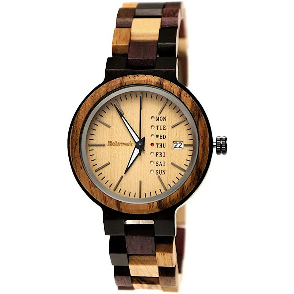 Montre en bois Holzwerk TREBBIN pour femme avec dateur beige et marron
