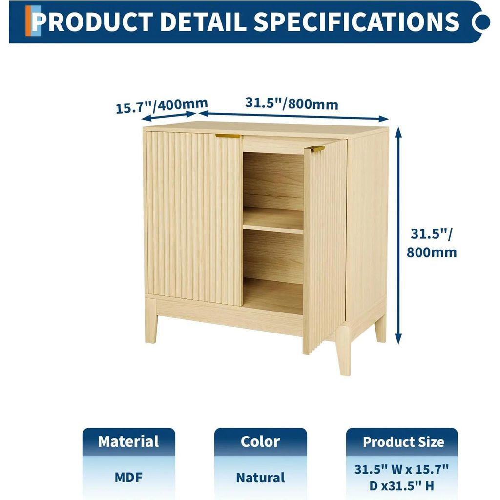 Buffetschrank 80 cm - Modernes geriffeltes Sideboard - Mit Schrank- und Regalstauraum - Für Wohnzimmer und Küche - MDF & Massivholzplatten - Eiche