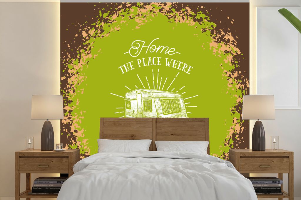MuchoWow Fototapete für Wohnzimmer oder Schlafzimmer Wandtapete Vinyl Motivtapete Vintage - Wohnwagen - Grün - 260x260 cm - Papiertapeten