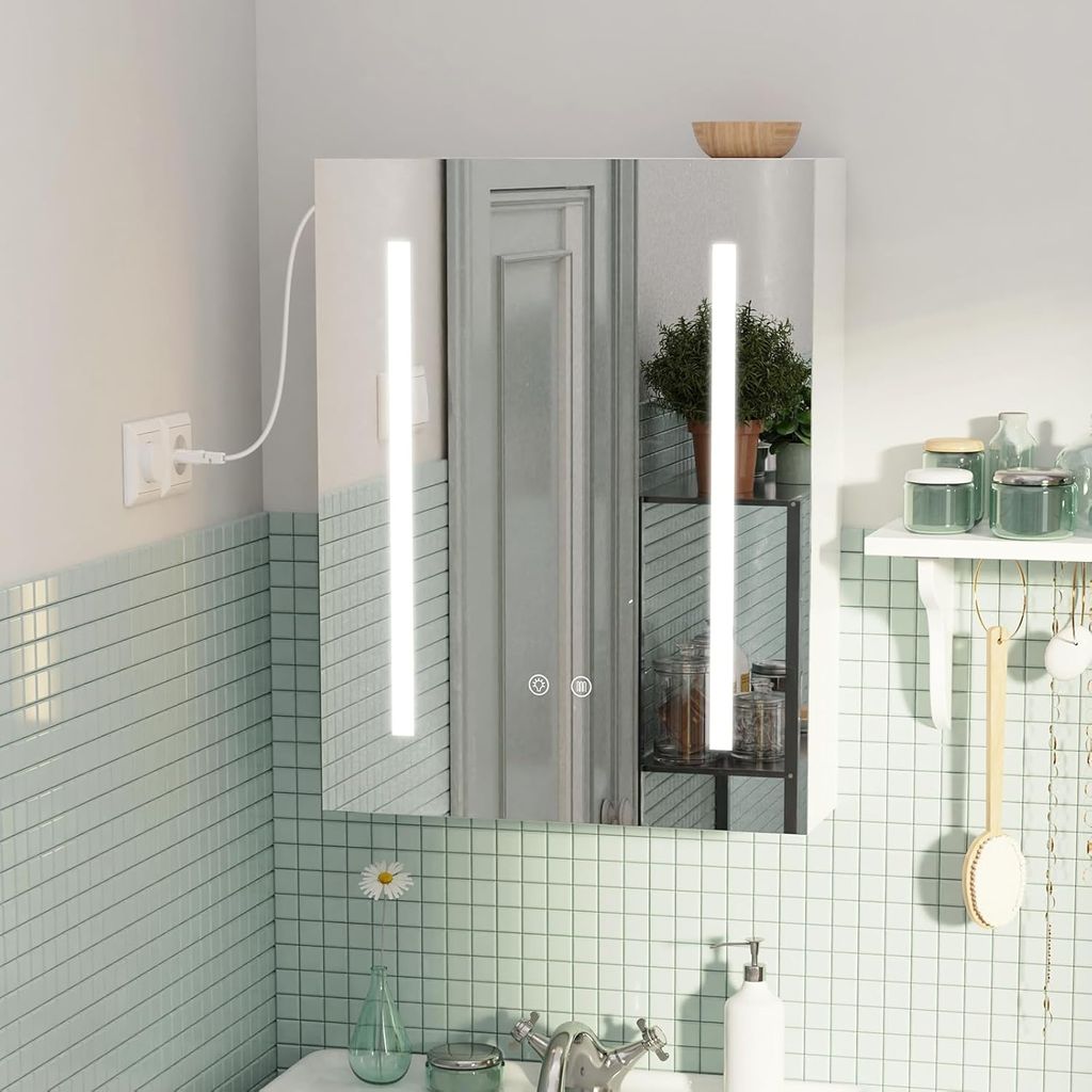 Spiegelschrank Bad mit LED Beleuchtung,Spiegelschrank,Badezimmer Spiegel, Hängeschrank,Beschlagfrei,Dimmbar,mit Verstellbare Ablage 60x80x15cm(B/H/T)