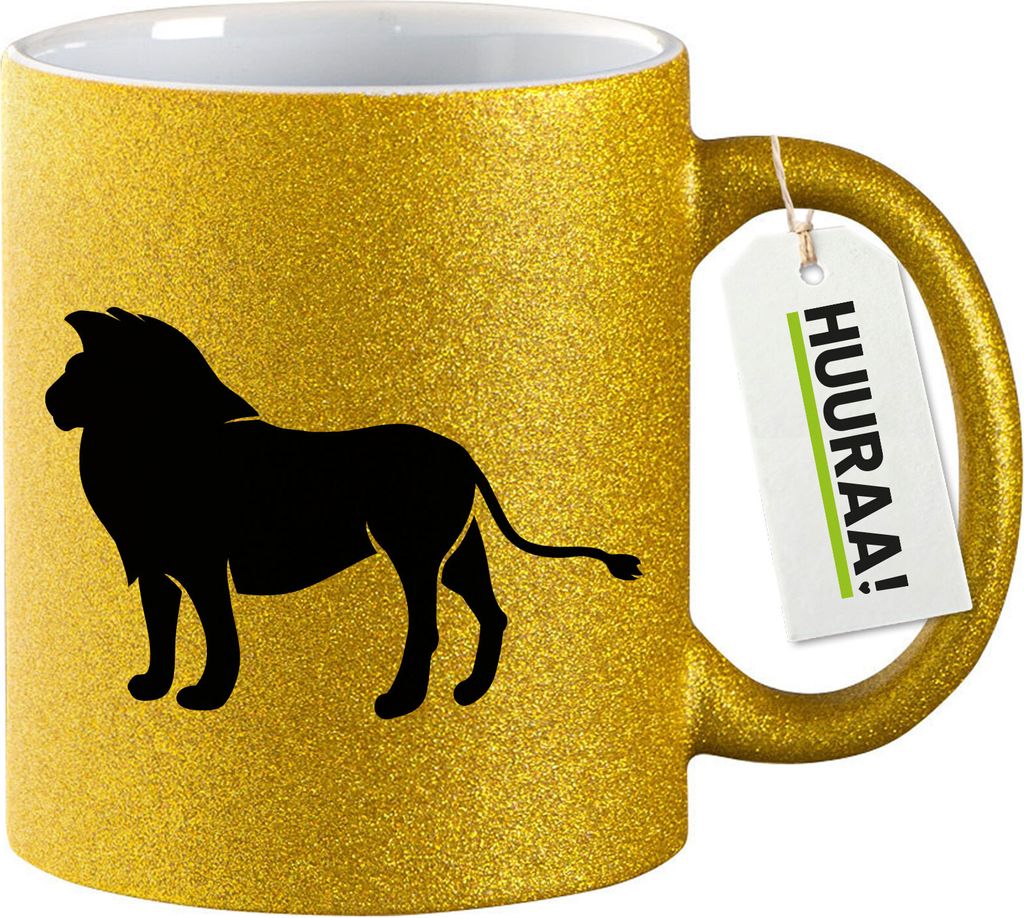 Huuraa Glitzertasse Löwe Silhouette 330ml Gold Keramik Kaffeebecher Geschenkidee