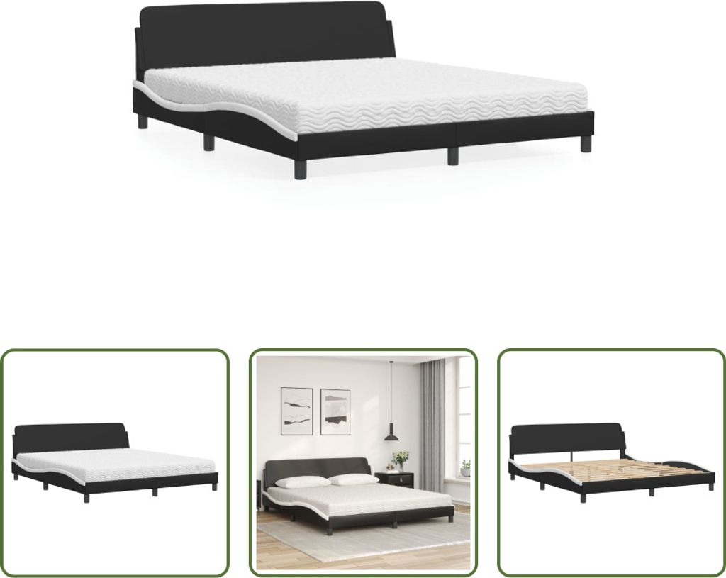 The Living Store Bett mit Matratze Schwarz und Weiß 180x200 cm Kunstleder