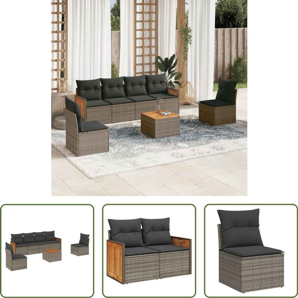 The Living Store 7-tlg. Garten-Sofagarnitur mit Kissen Grau Poly Rattan