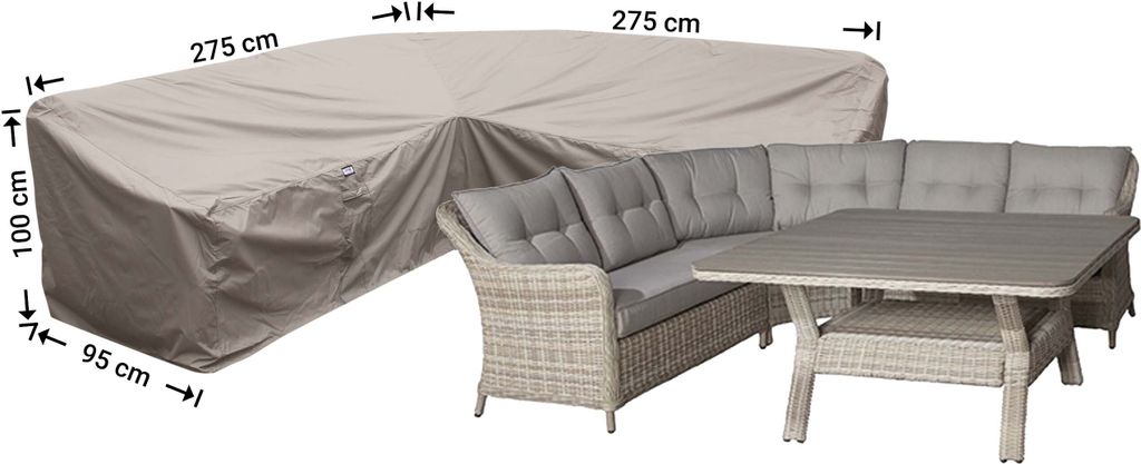 Raffles Covers Wetterhaube für L-Form Dining Sofas 275 x 275 x 95 H: 100/65 cm | Atmungsaktiv | Wasserdicht | UV-beständig | Elastischer Kordelzug