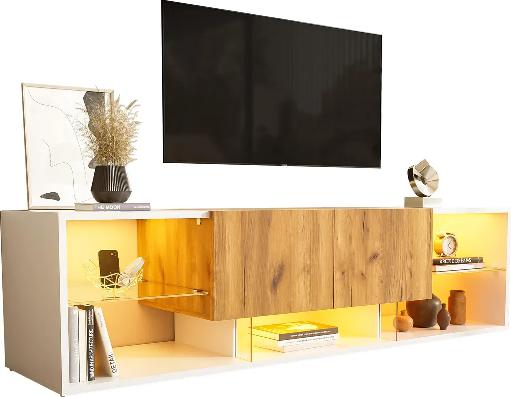 Meuble TV blanc 160 x 40 x 42 cm moderne avec étagère en verre trempé