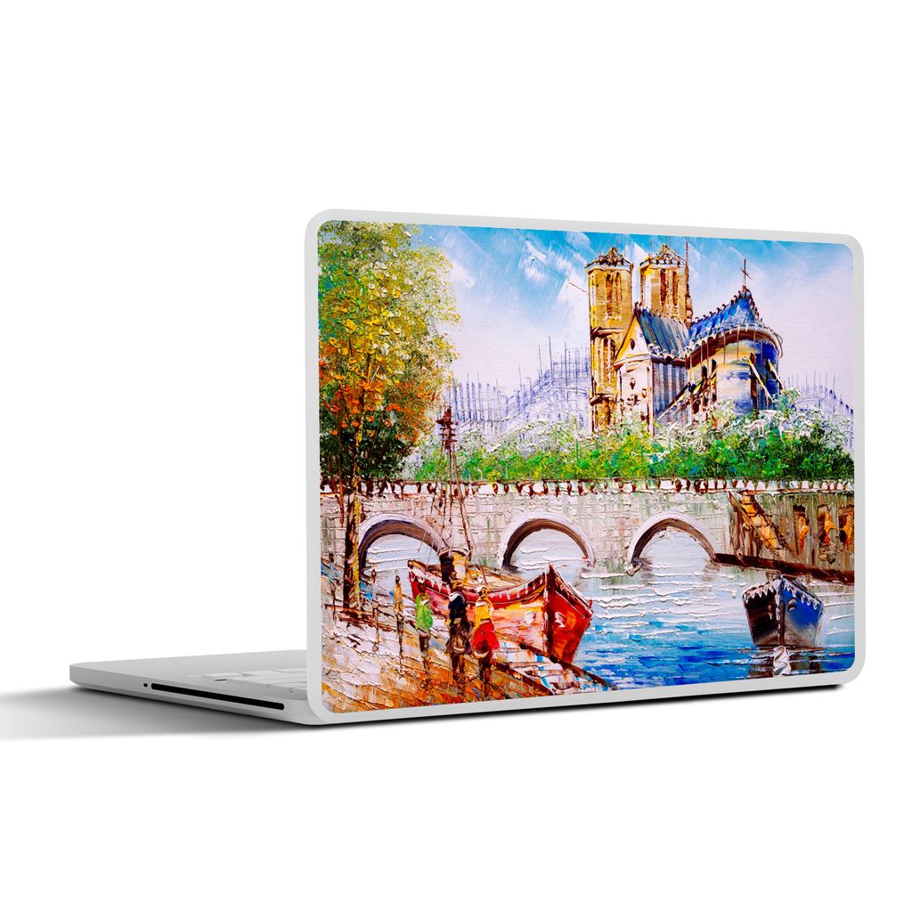 MuchoWow Laptop Aufkleber Sticker Cover Gemälde - Paris - Boot - Brücke 30x22 cm - Laptop-Sticker