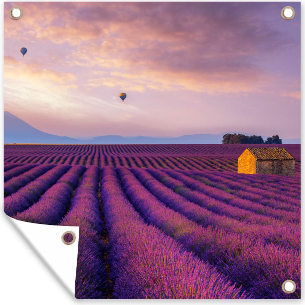 MuchoWow 100x100 cm Outdoor-Poster Gartendeko Sichtschutz Garten Poster für den Garten Lavendel - Heißluftballon - Berg - Lila