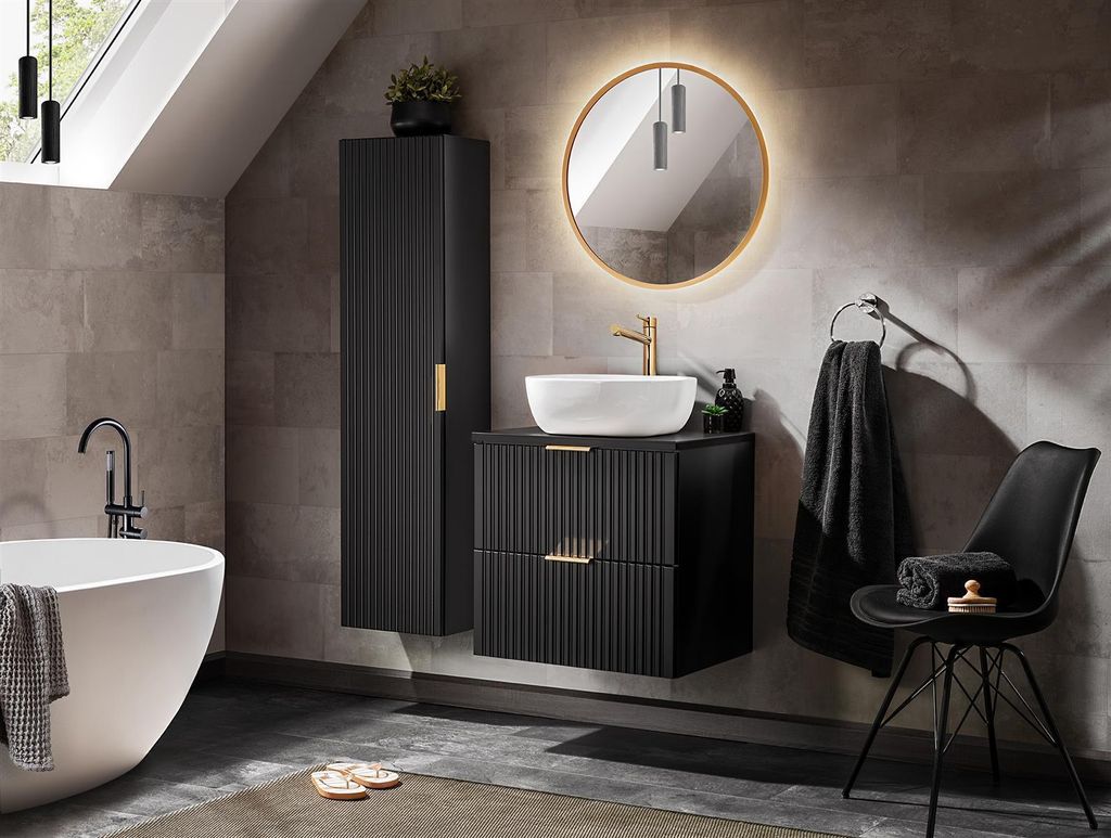Design Badmöbel Set ADEL-V SCHWARZ 60 cm MDF SOFT-CLOSE MONTIERT komplettes Badmöbel Set