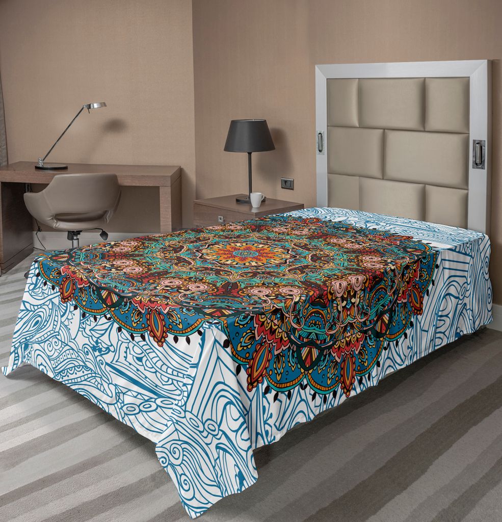 ABAKUHAUS Mandala Bettlaken, Östliche runde mit Blumenverzierung mit Arabesque-Einflüssen auf blauem und weißem Hintergrund, weiches bequemes ob...