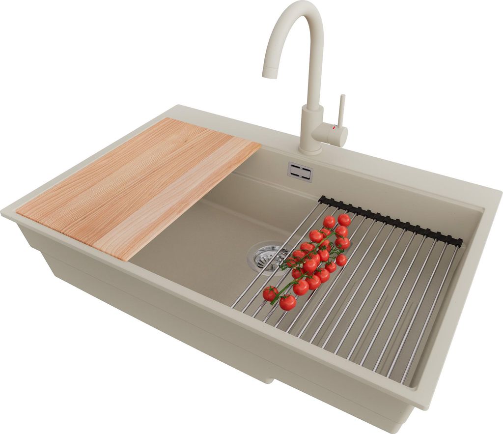 PRIMAGRAN Granitspüle Beige 78x53cm, Spülbecken 1 Becken + Küchenarmatur 32x20cm + Ablauf-Set + Küchenzubehörset, Küchenspüle ab 80er Unters...