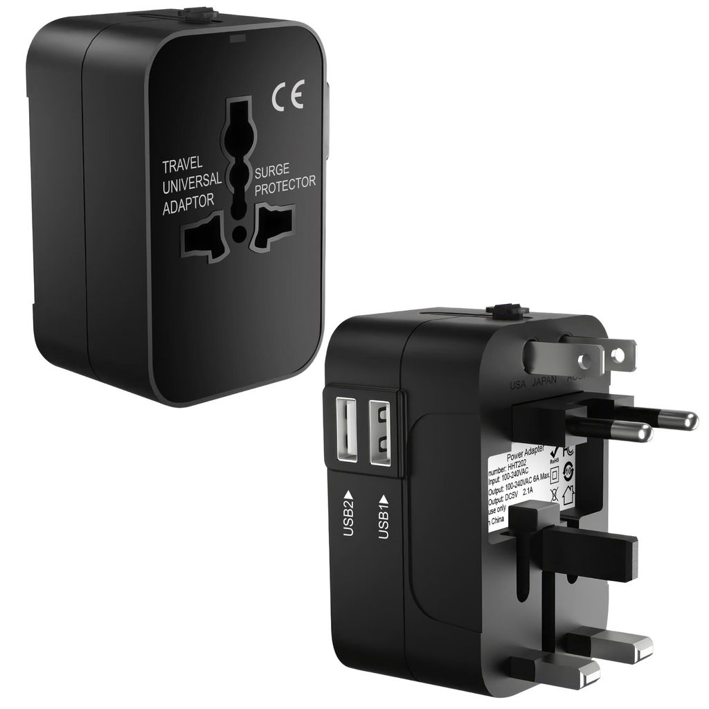 Universeller Reiseadapter für Steckdosen in Großbritannien, Europa, den USA, Australien und Japan – 2 USB-Anschlüsse zum Aufladen
