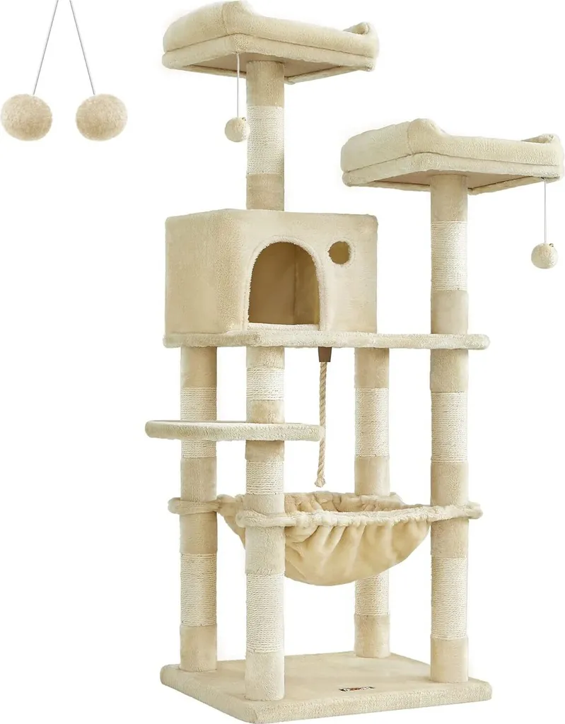 FEANDREA Arbre à Chat 143 cm avec 2 Plates-formes Confortables - Beige