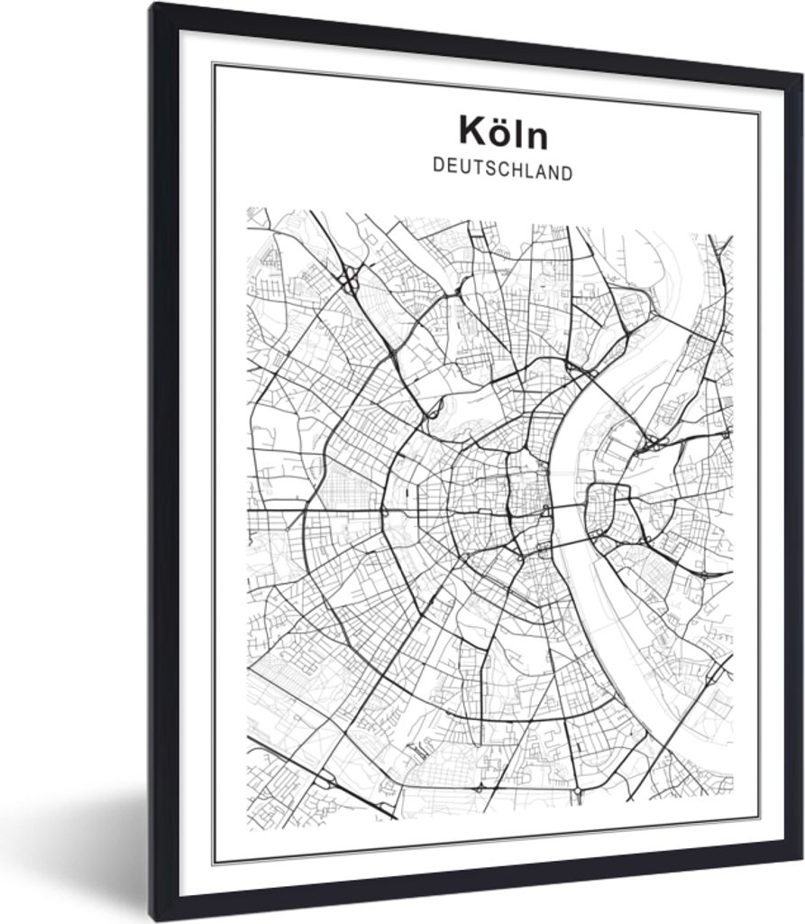 MuchoWow Gerahmtes Poster Stadtplan - Köln - Schwarz und weiß 60x80 cm - Poster mit Schwarzem Bilderrahmen Wandposter Rahmen Foto Bilder - Prem...