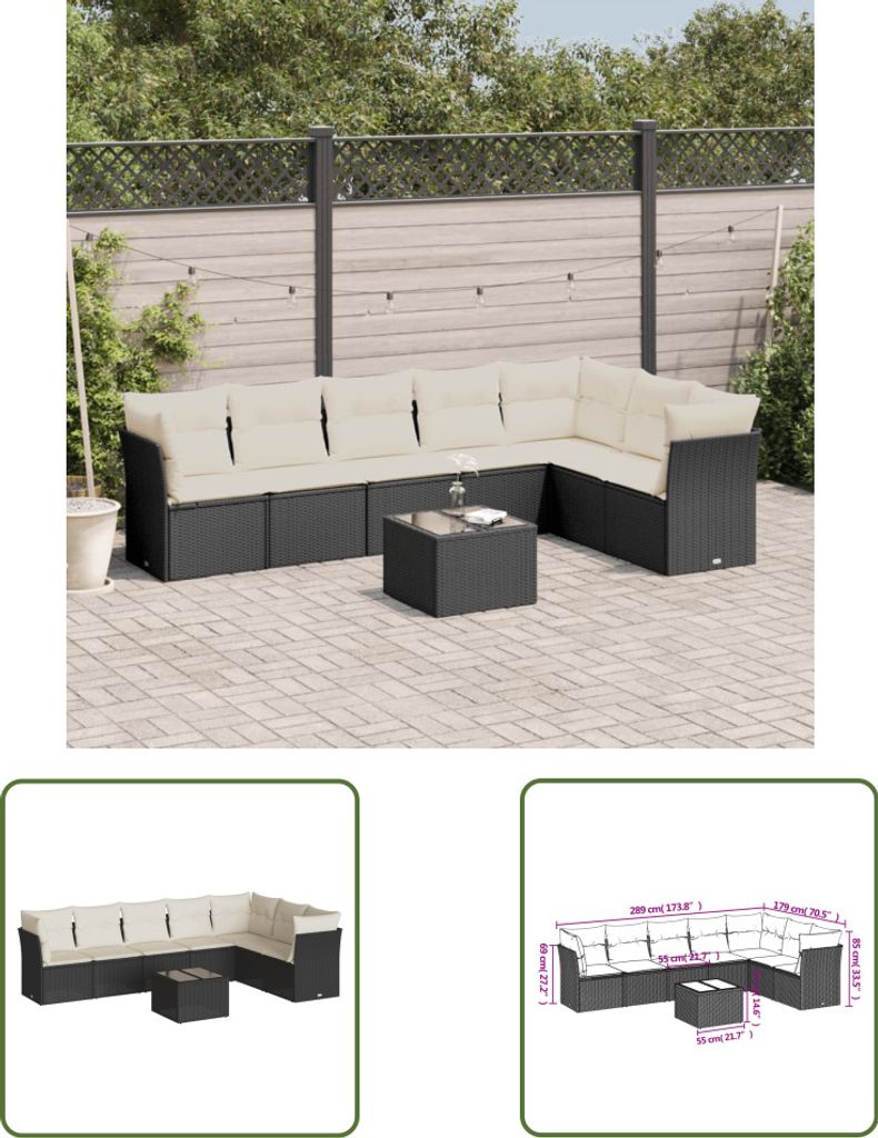 The Living Store 8-tlg. Garten-Sofagarnitur mit Kissen Schwarz Poly Rattan
