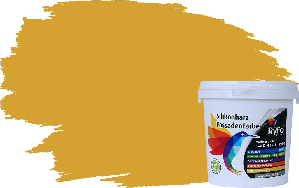 RyFo Colors Silikonharz Fassadenfarbe Lotuseffekt Trend Currygelb 1l - bunte Fassadenfarbe, weitere Gelb Farbtöne und Größen erhältlich, Deckkr...