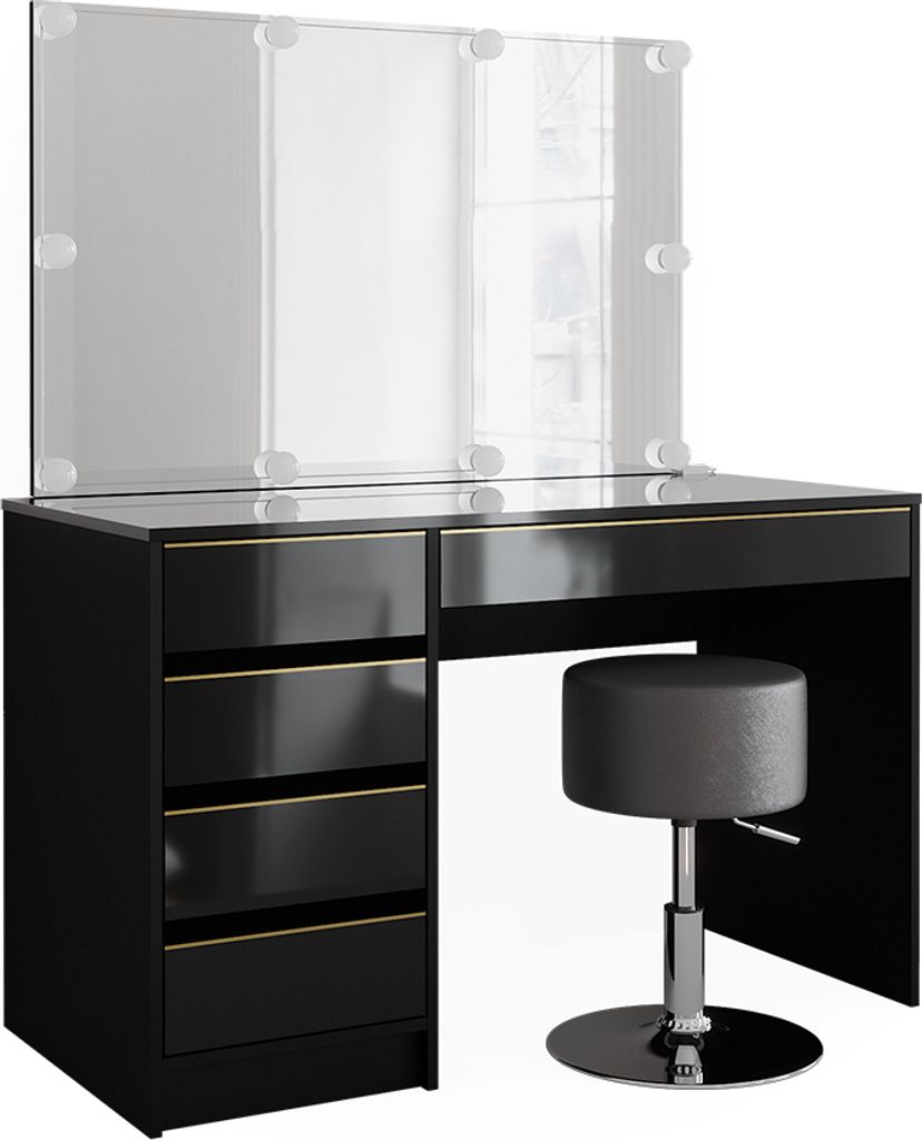 A black vanity table with a tri-fold mirror and LED lights, along with a gray stool, is displayed against a white background.