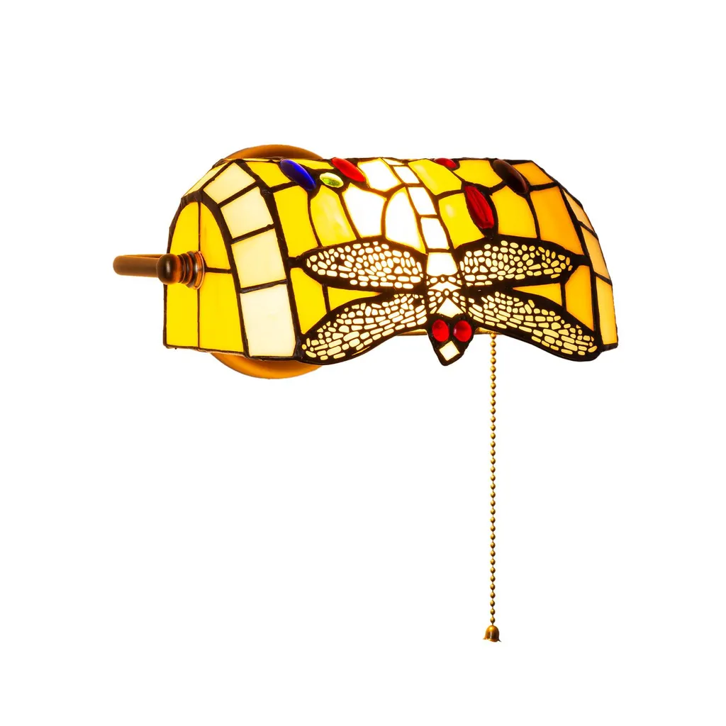 Applique retrò in stile Tiffany con motivo a libellula in vetro e attacco in ottone, E27, ideale per ufficio, biblioteca o studio.