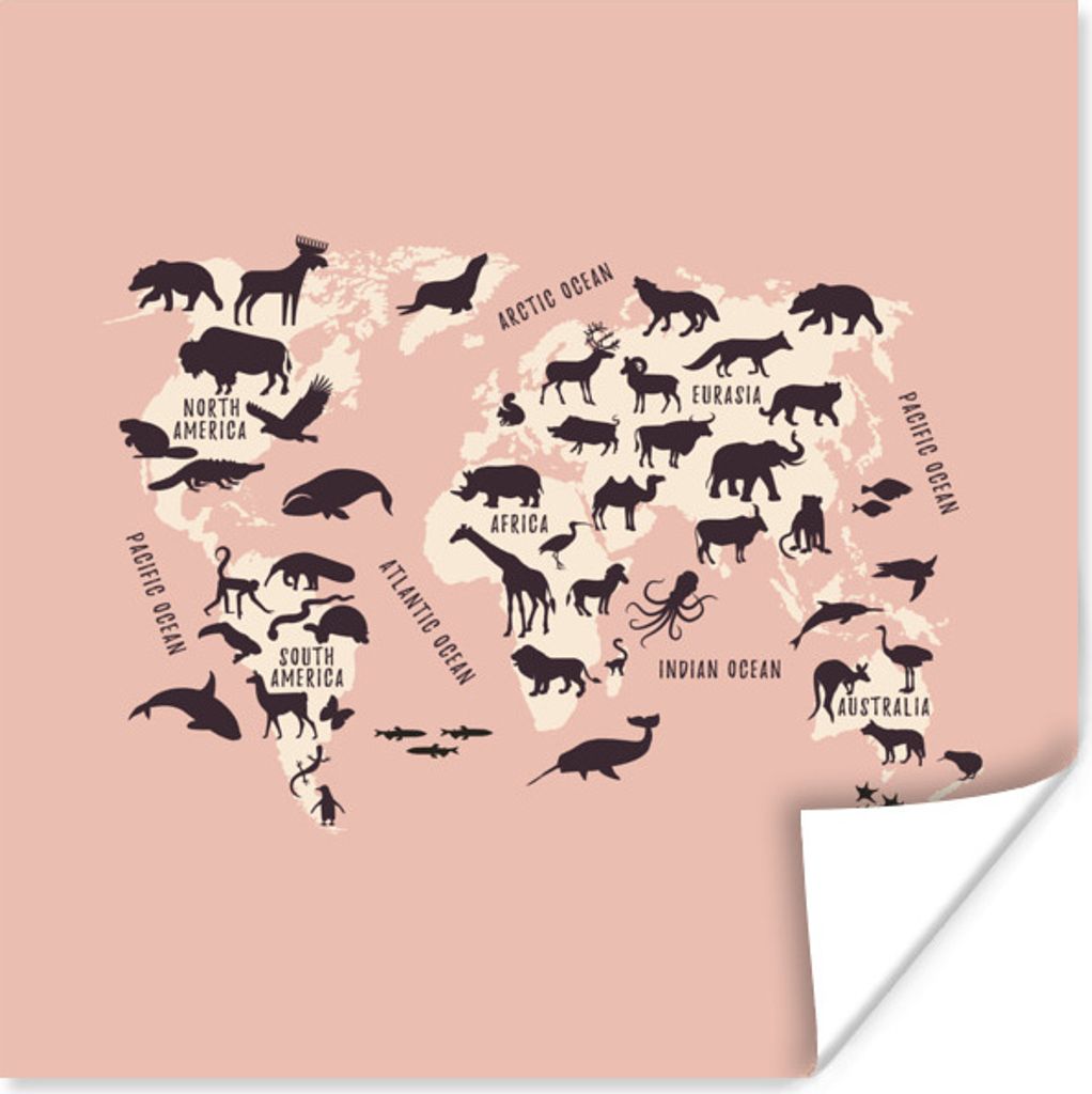 MuchoWow Poster Weltkarte Kinder - Rosa - Tiere 100x100 cm - Babyzimmer