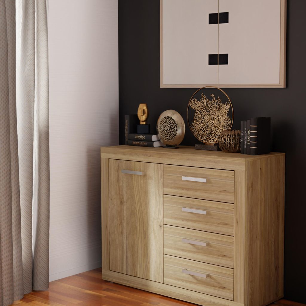 Forte BACCIO Kommode 100 110, moderne Kommode für Wohn-/Schlafzimmer, 1-türig, 4 Schubladen, Holzwerkstoff, Mauvella Eiche Holzdekor, 108,1 cm br...