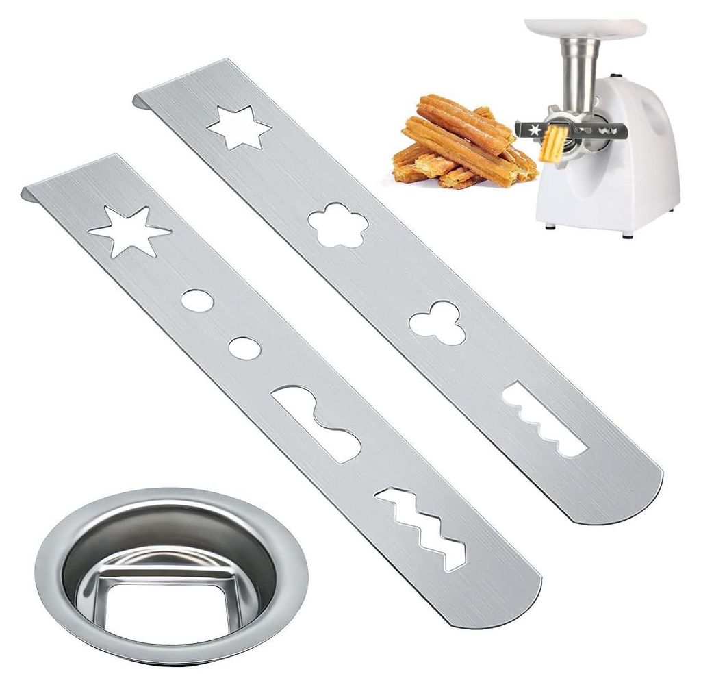 A set of cookie press discs and a meat grinder with churros.