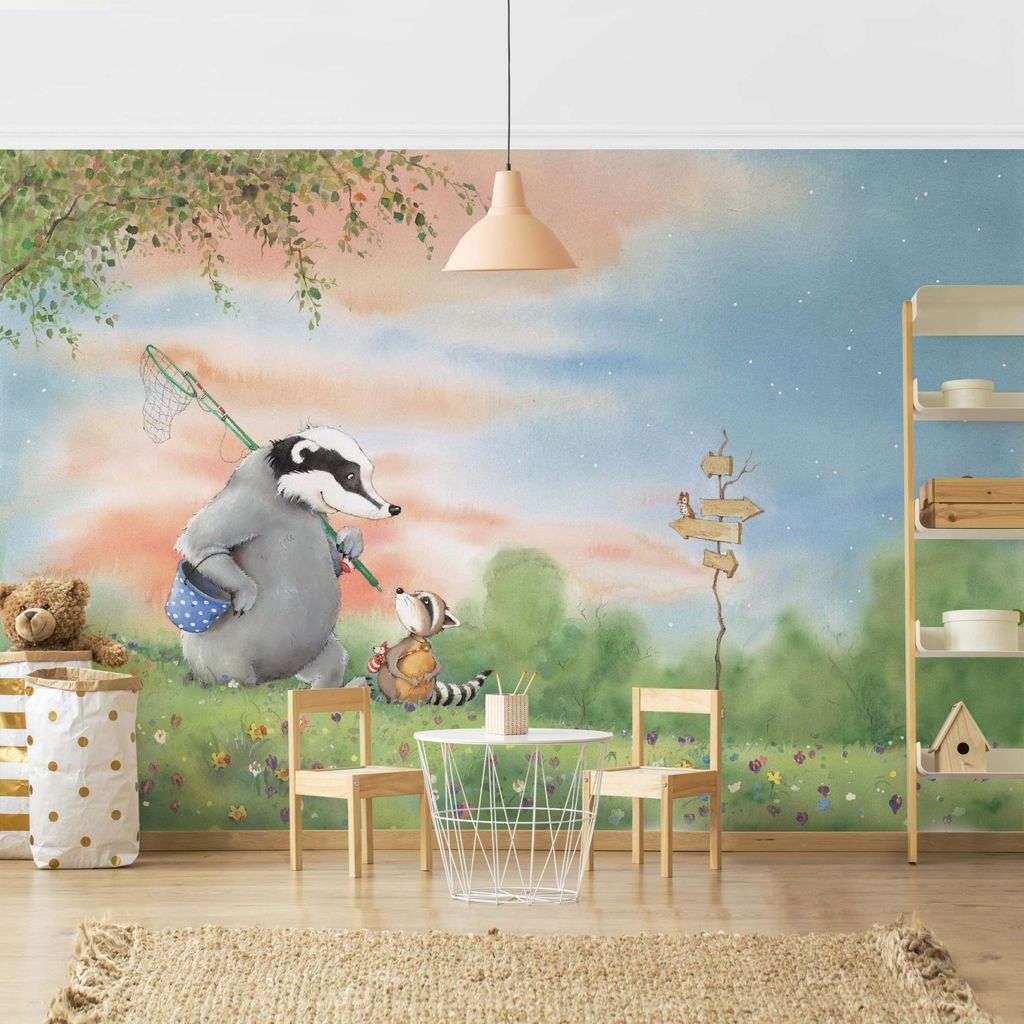 Fototapete Wald - Vliestapete - Bildtapete UV-beständig Design grün Aquarell Illustration Wandtapete geruchsfrei