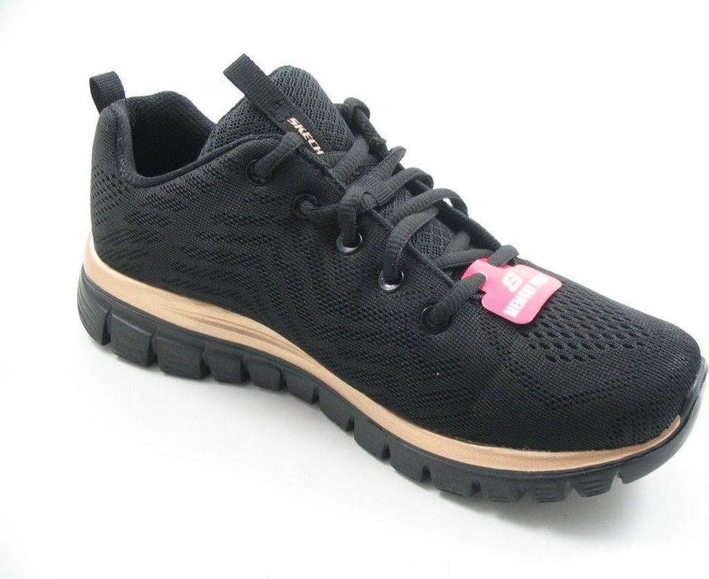 A single black Skechers shoe with rose gold accents is shown against a white background.