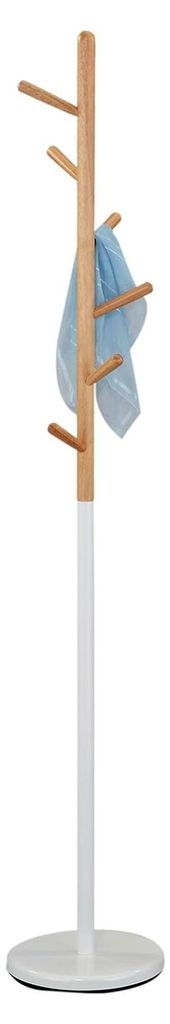 Kleiderständer Enrico mit 6 Haken, Weiß/Natur – stabile Standgarderobe aus Metall und Kiefernholz, platzsparendes Design für Flur, Büro und E...