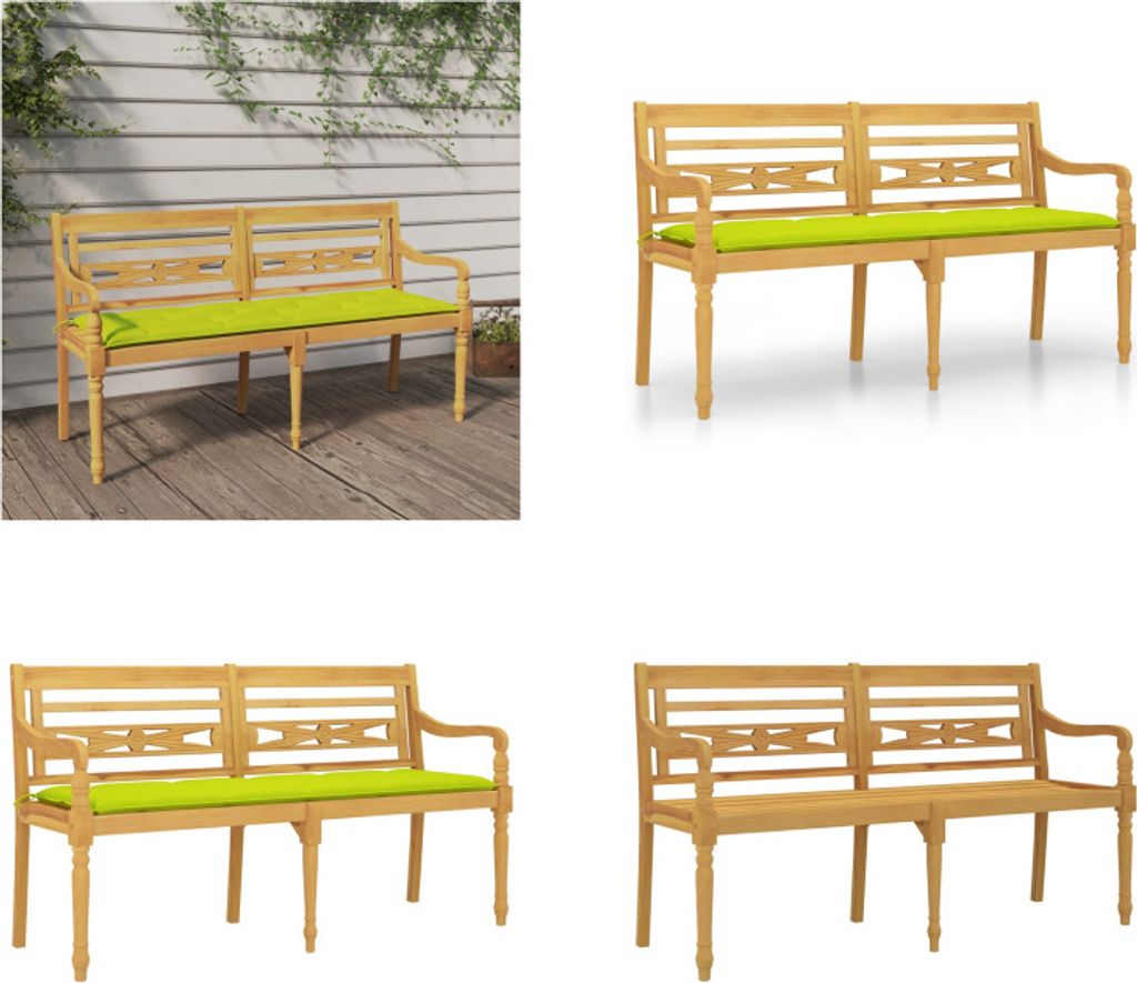 vidaXL Batavia Bank mit Hellgrünem Kissen 150 cm Massivholz Teak - Bank - Bänke - Gartenbank - Sitzbank