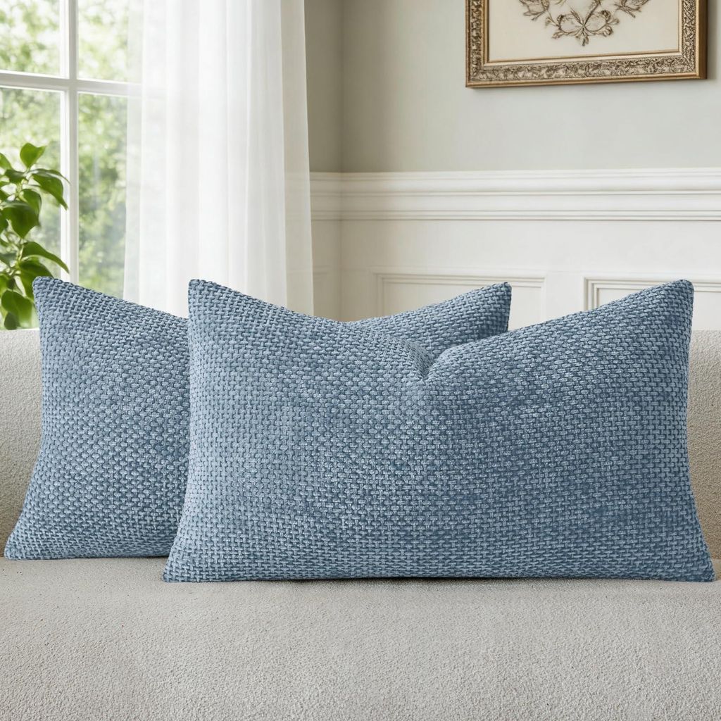 Set mit 2 Kissenbezügen, 30 x 50 cm, blauer Chenille, dekorative gemusterte Kissen, Sofakissen, Dekokissen, Sesselkissen, waschbare, flauschige Ki...