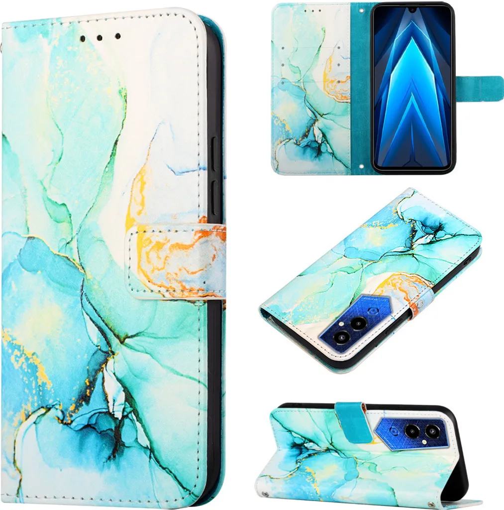 Custodia Tecno Pova 4 Pro in Marmo Turchese: Cover Portafoglio in Pelle